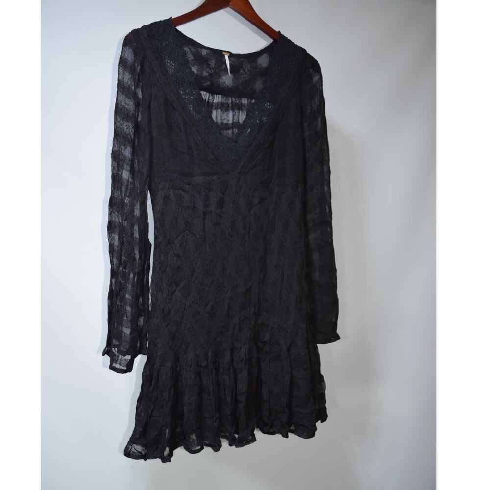 Free People Women’s Small Black Sheer Lace Crochet Boho Mini Dress Long Sleeve